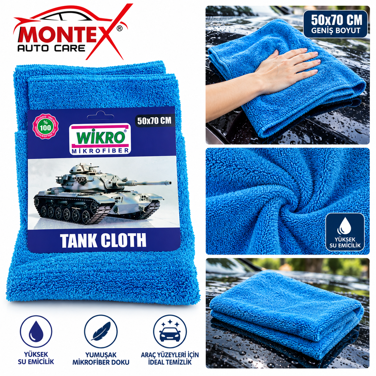 Montex Tank Cloth Mikrofiber Araç Kurulama Bezi 50x70 cm – Mavi Oto Temizlik Bezi