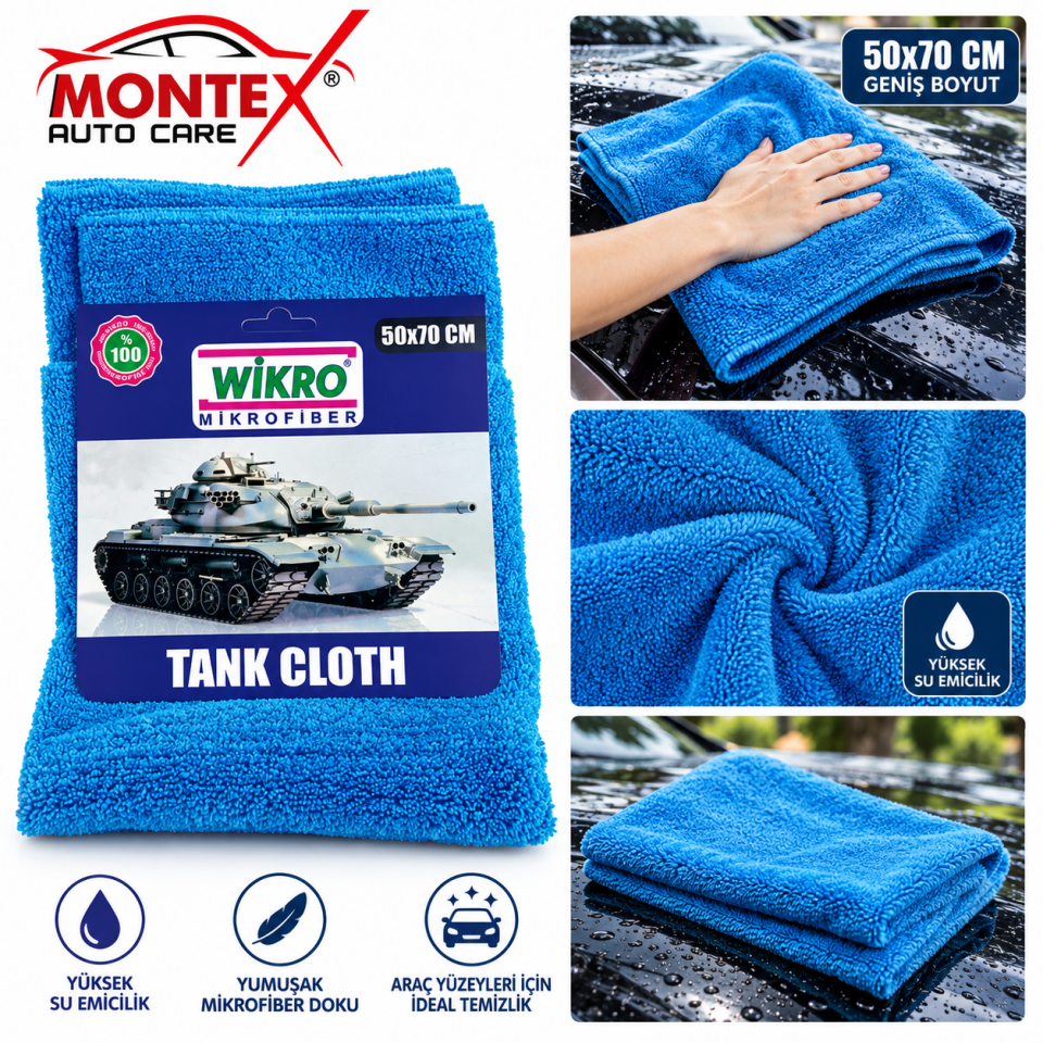 Montex Tank Cloth Mikrofiber Araç Kurulama Bezi 50x70 cm – Mavi Oto Temizlik Bezi