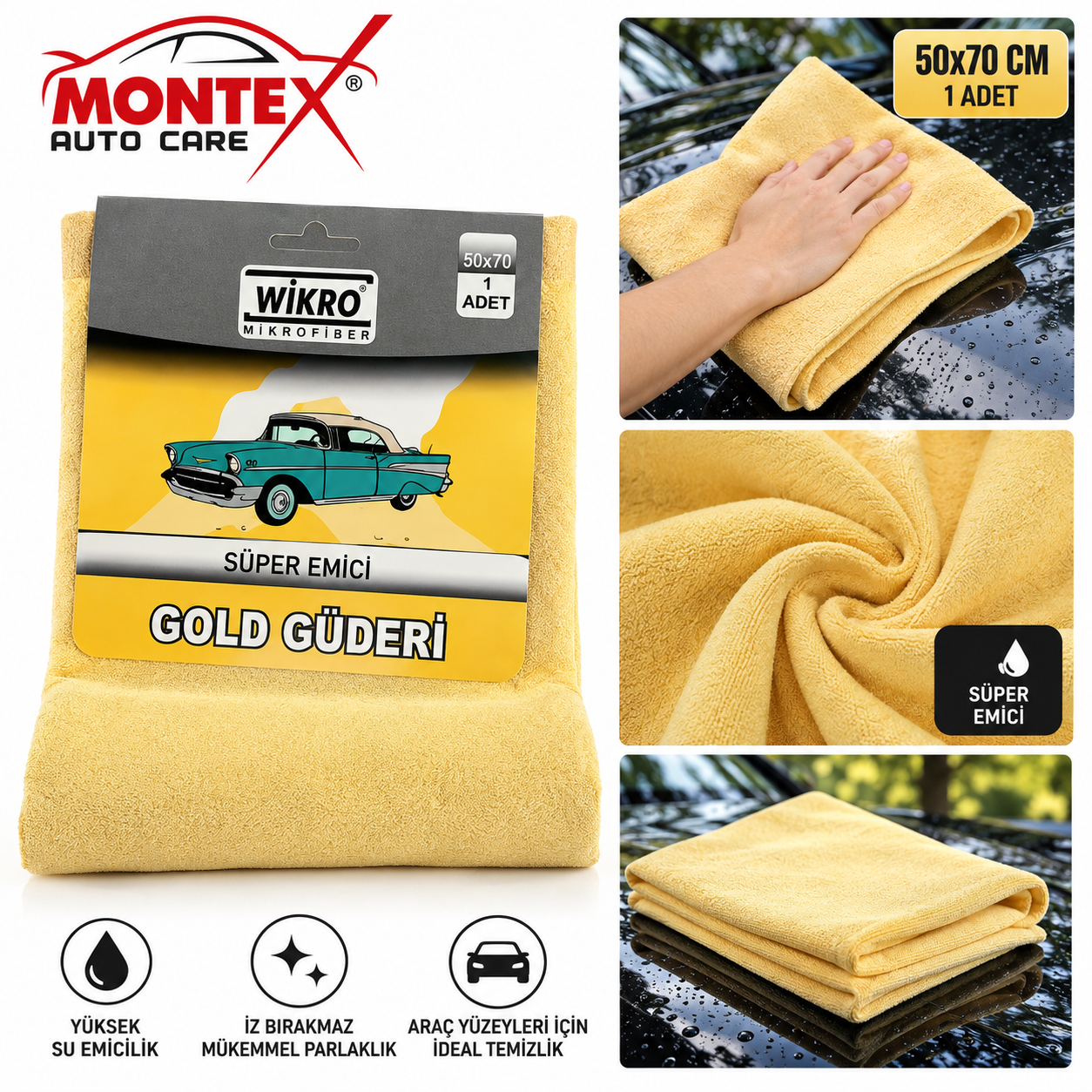 Gold Güderi Mikrofiber Araç Kurulama Bezi 50x70 cm – Süper Emici Oto Temizlik Bezi