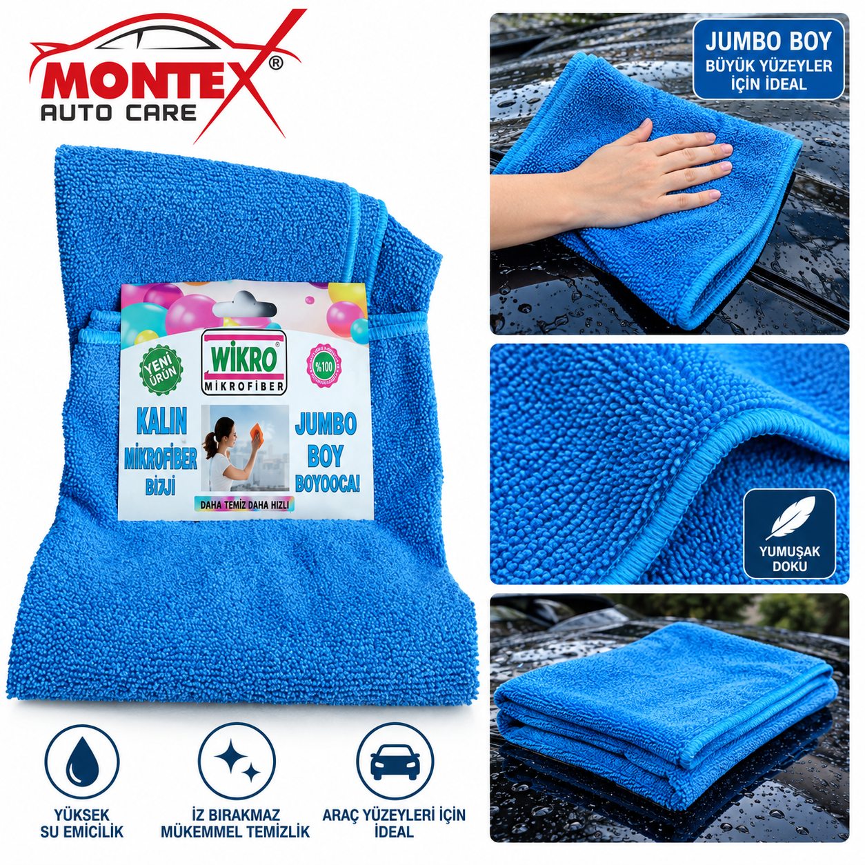 Montex Jumbo Boy Kalın Mikrofiber Temizlik Bezi – Büyük Boy Araç ve Genel Temizlik Bezi