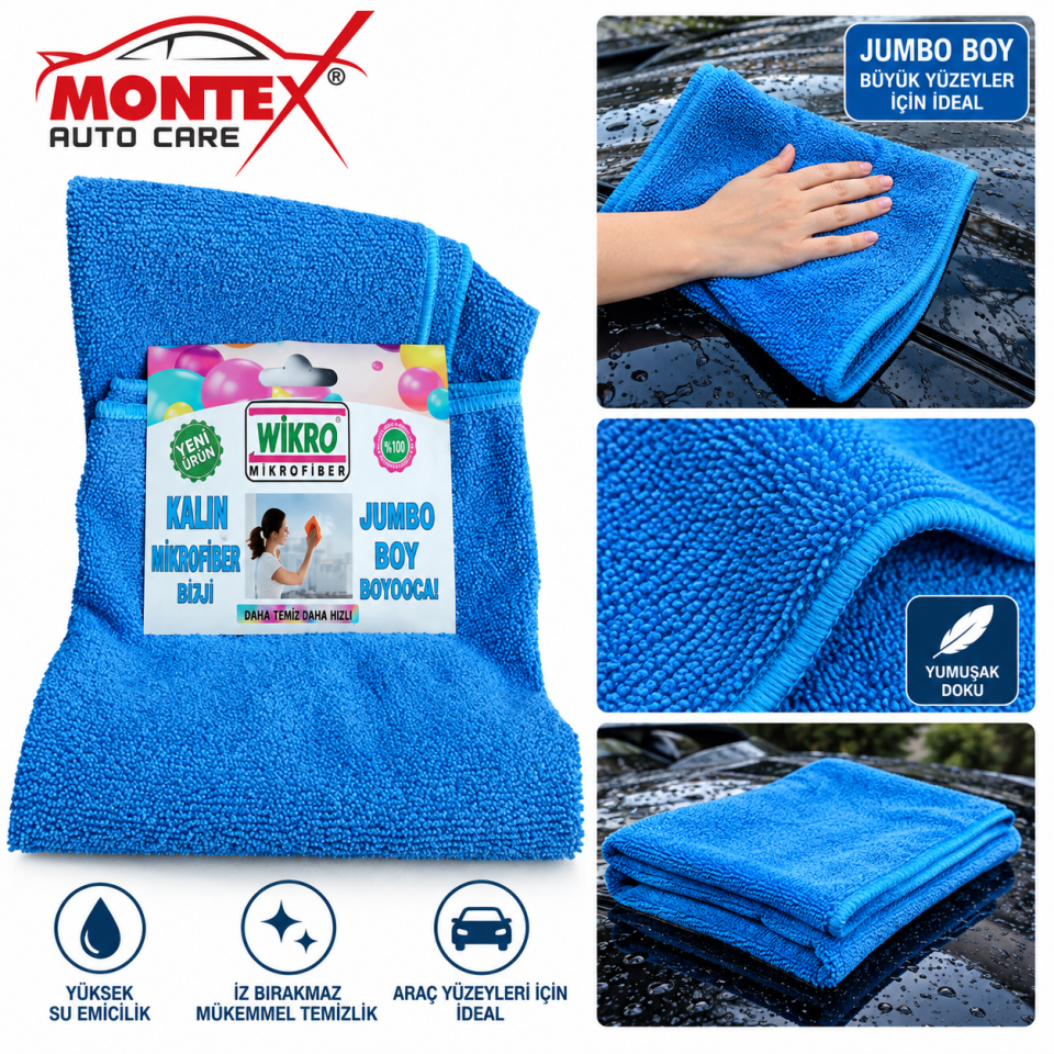 Montex Jumbo Boy Kalın Mikrofiber Temizlik Bezi – Büyük Boy Araç ve Genel Temizlik Bezi