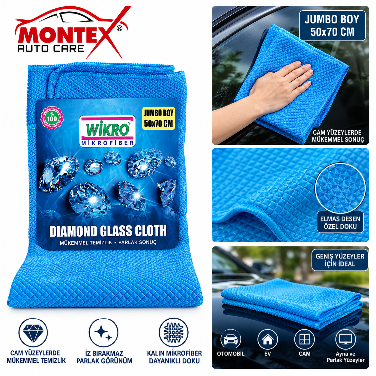 Diamond Glass Cloth Jumbo Boy Mikrofiber Cam Bezi 50x70 cm – Cam ve Parlak Yüzey Temizlik Bezi