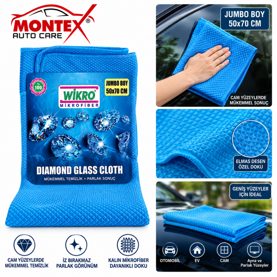Diamond Glass Cloth Jumbo Boy Mikrofiber Cam Bezi 50x70 cm – Cam ve Parlak Yüzey Temizlik Bezi
