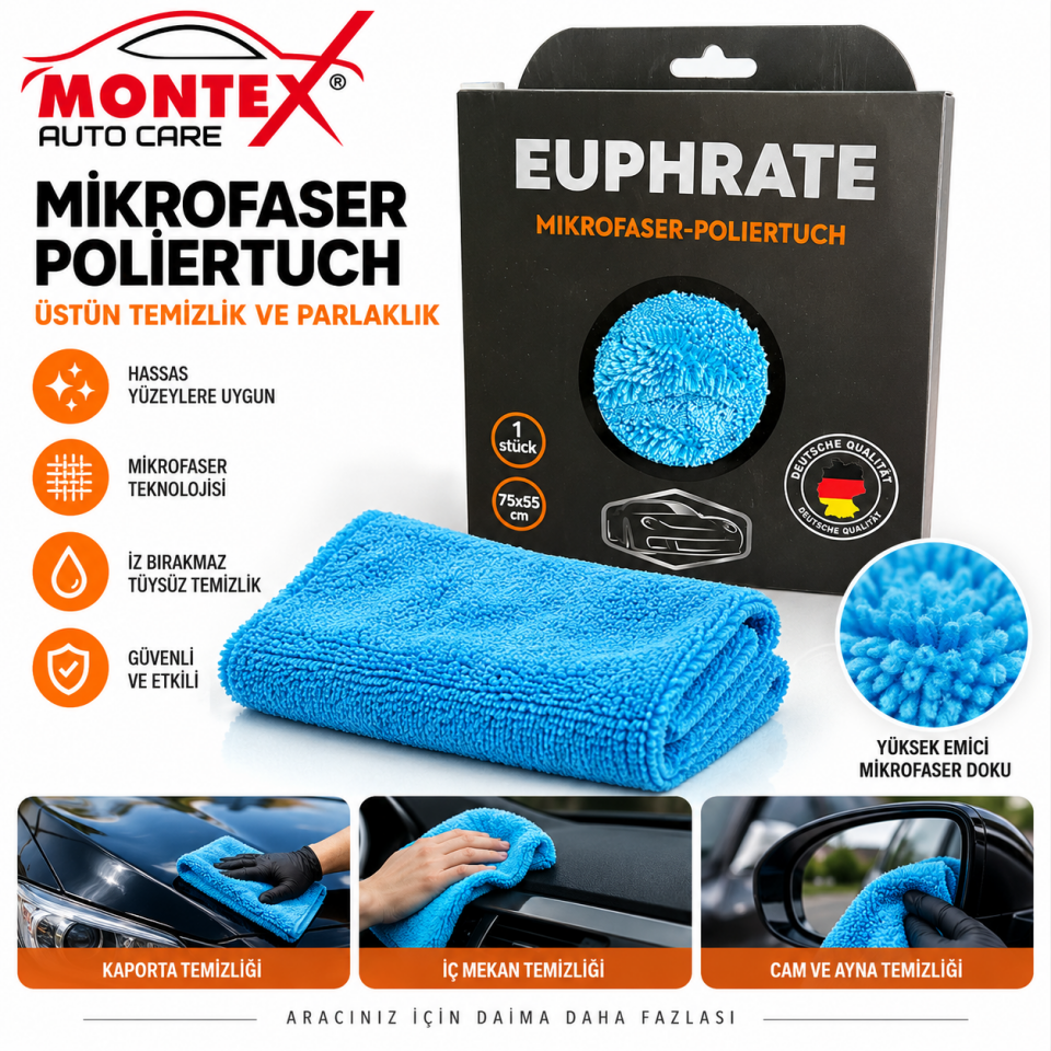 Euphrate Mikrofiber Polisaj Bezi 75x55 cm – Araç Temizlik ve Parlatma Bezi